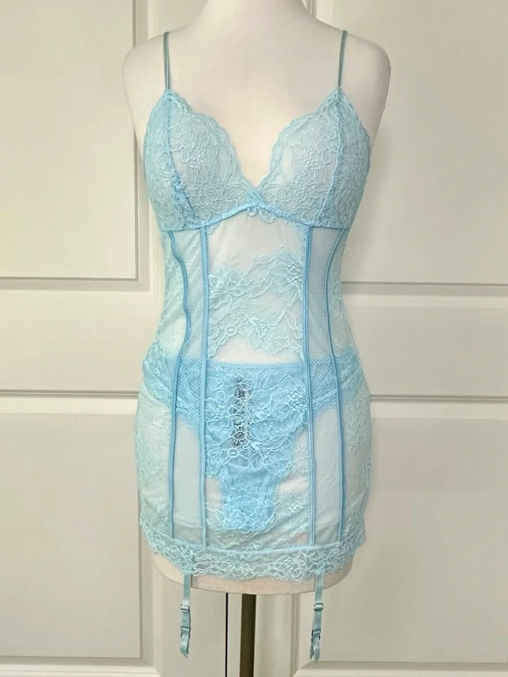 Victoria's Secret Very Sexy Lace Garter Slip And Thong Panty Set Blue Medium